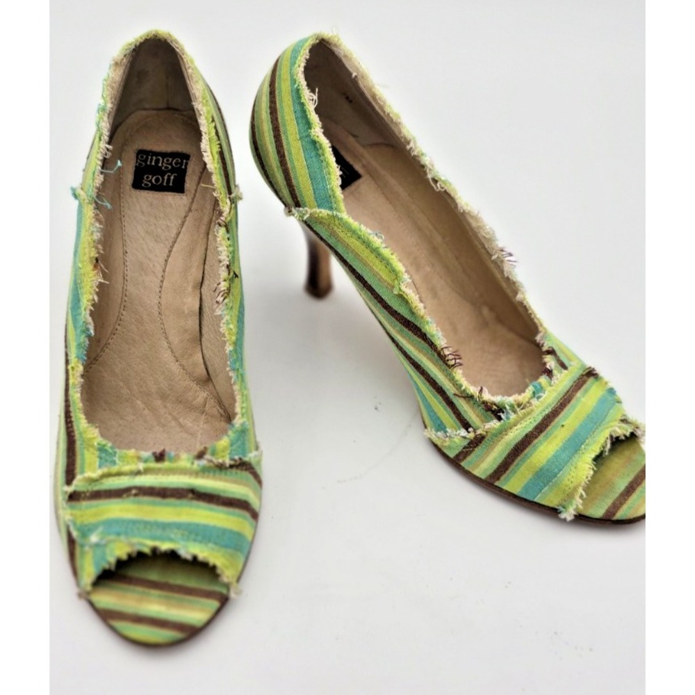 Ginger Goff Peep Toe Heels 7 Women's‎ Green Striped Frayed Wooden 3" Heels Boho - Picture 4 of 11